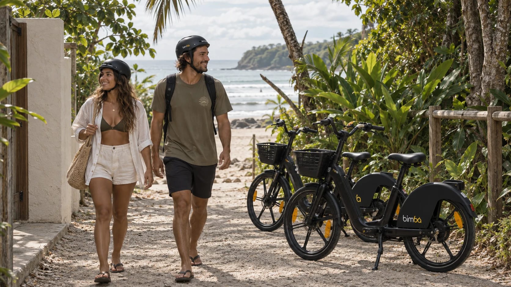 Viajeros caminando cerca de un acceso a la playa y bicicletas estacionadas