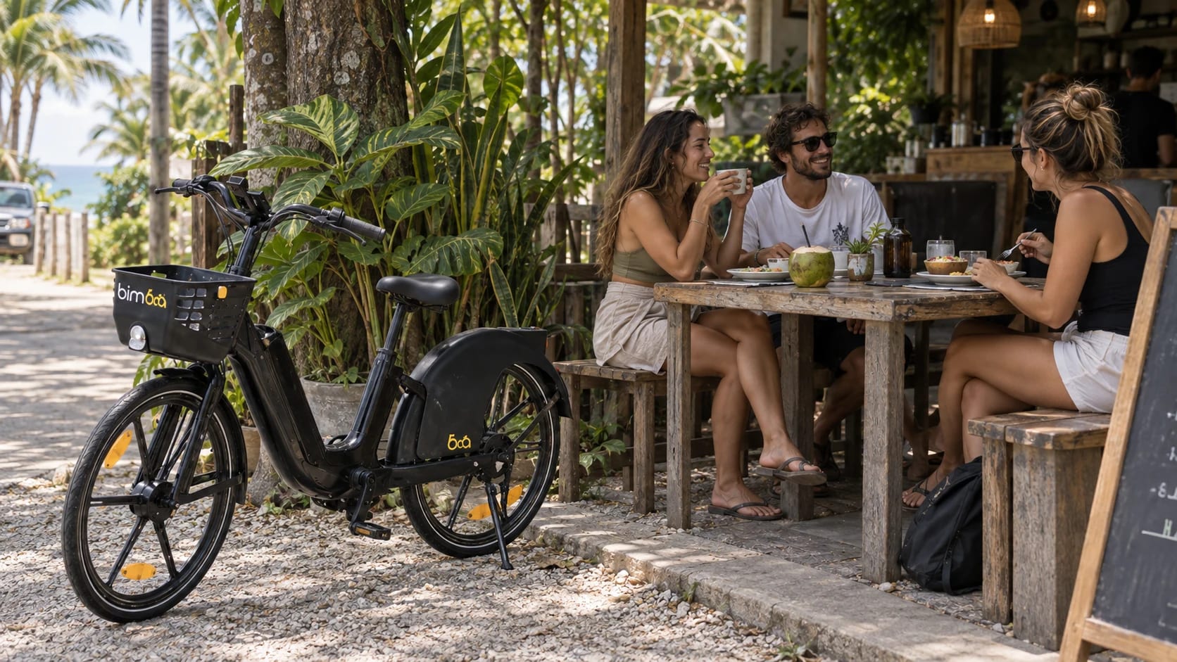 Viajeros sentados en una cafetería tropical con una bicicleta Bimba cerca
