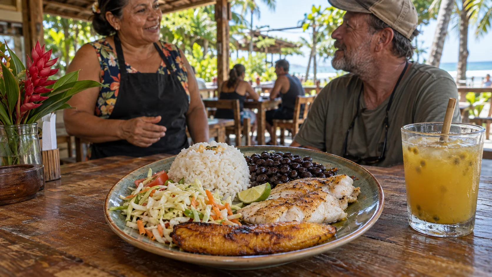 Plato ilustrativo de casado con pescado, arroz, frijoles, ensalada y plátano