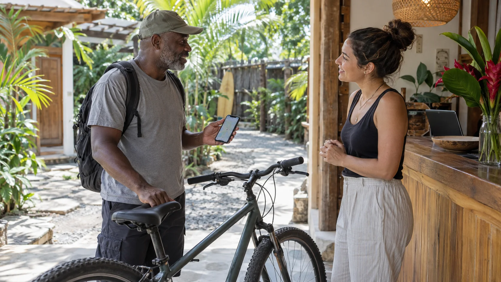 Traveler comparing a hotel bicycle rental with a shared ride app; illustrative scene