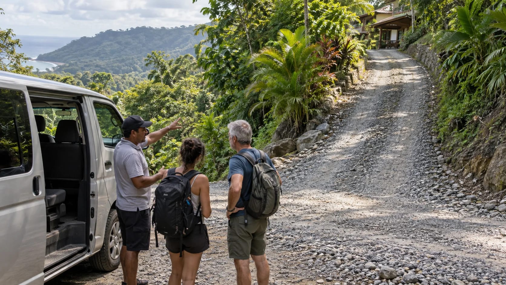 Travelers and driver assessing an illustrative hillside access road