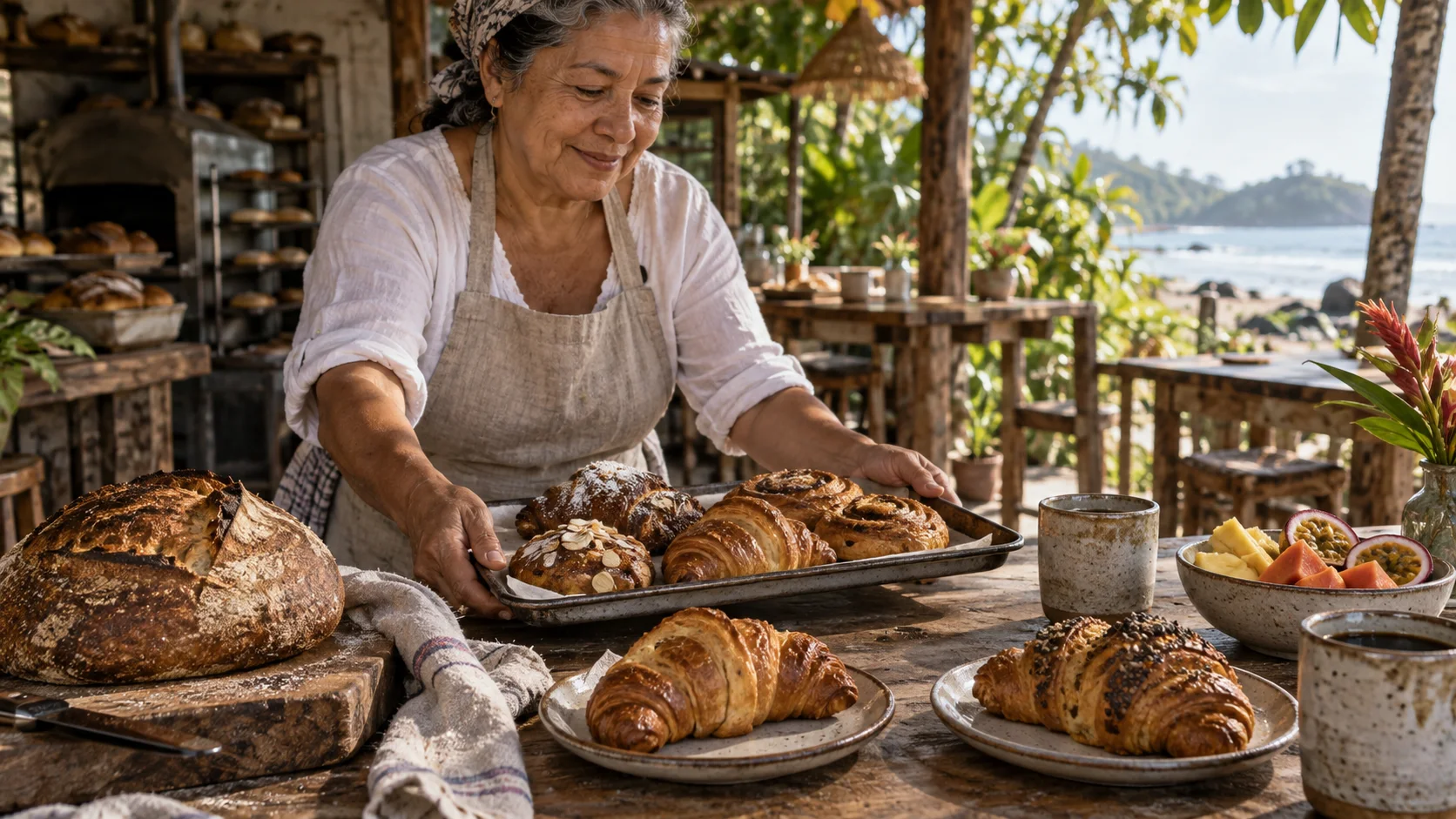 Artisan bakery breakfast in an illustrative coastal cafe; not The Bakery Santa Teresa