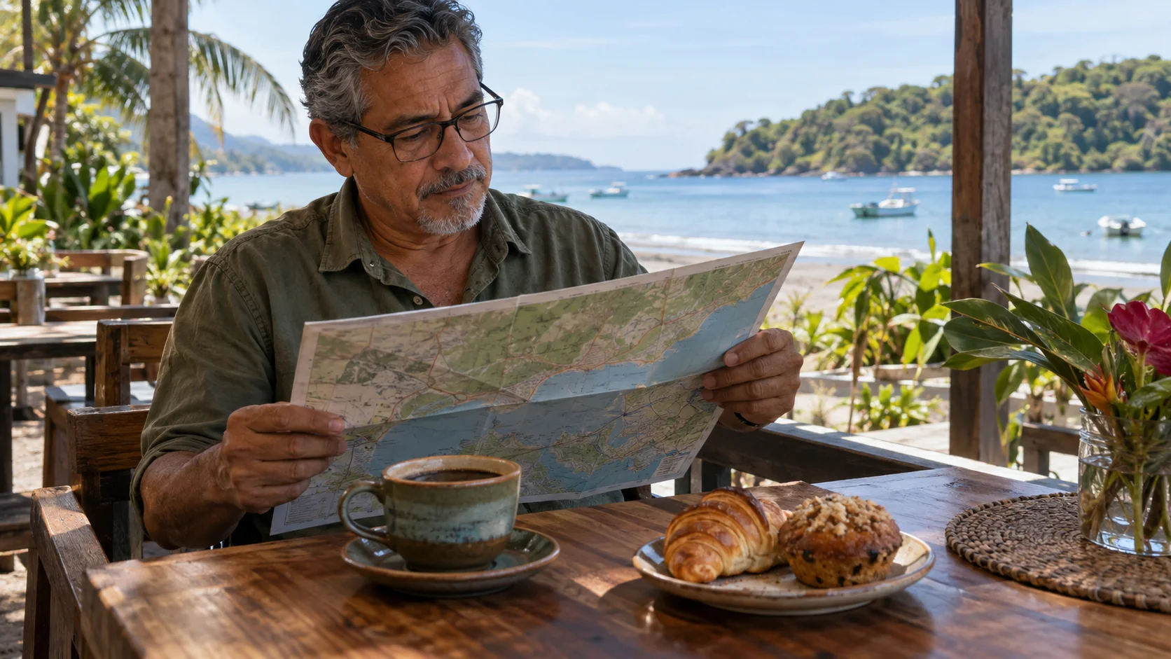 Illustrative coastal coffee stop with pastries; not El Somos Cafe