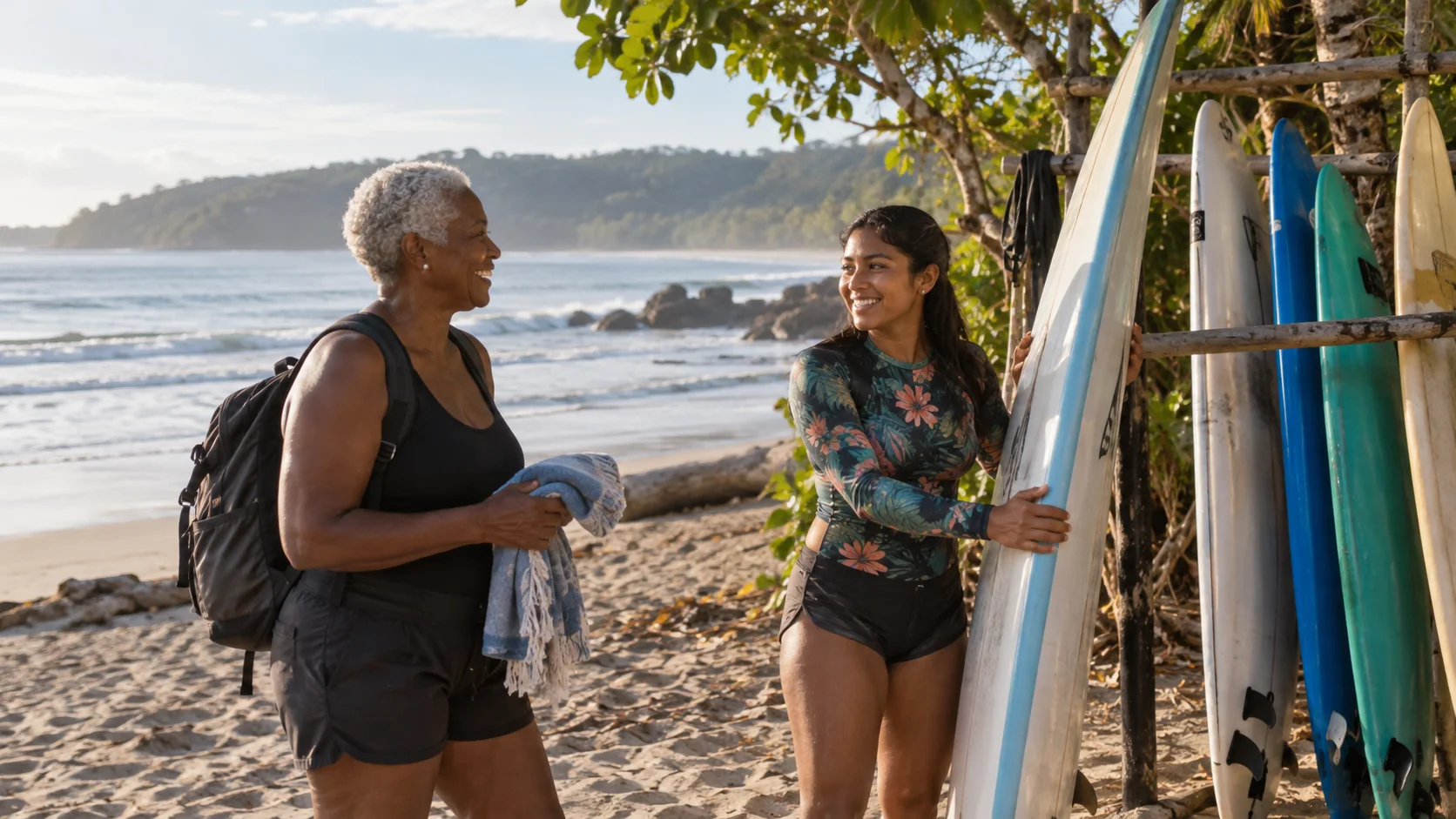 Surf student arrives with a small bag while instructor manages lesson boards; illustrative scene