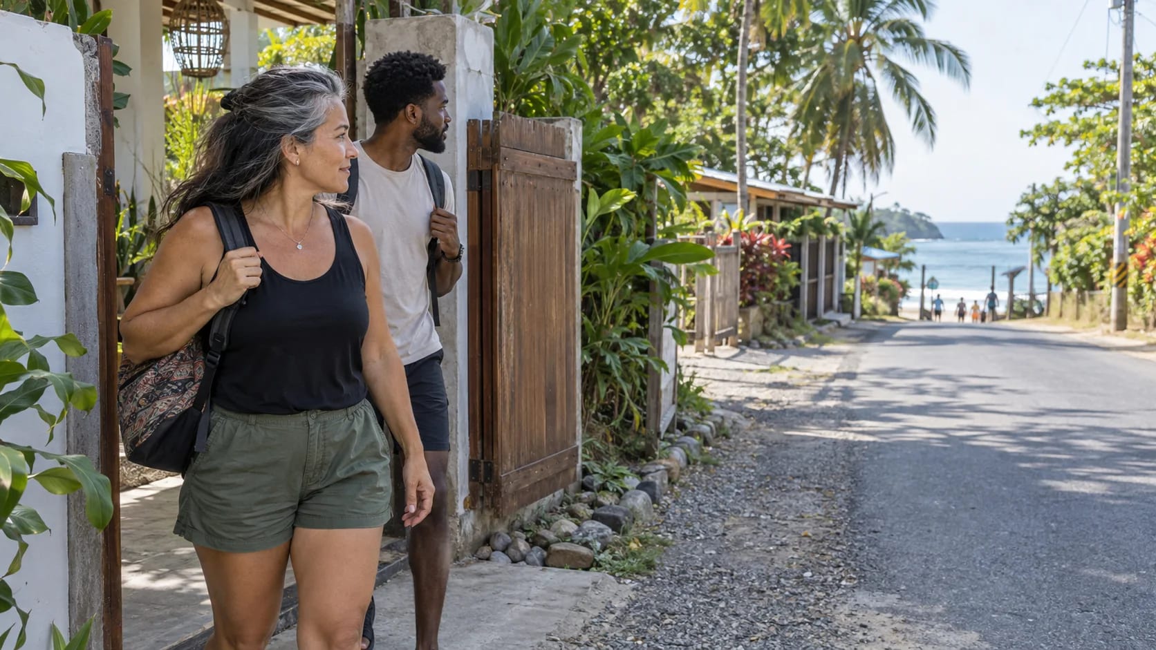 Viajeros observan la ruta desde un alojamiento ilustrativo de Santa Teresa hacia la playa