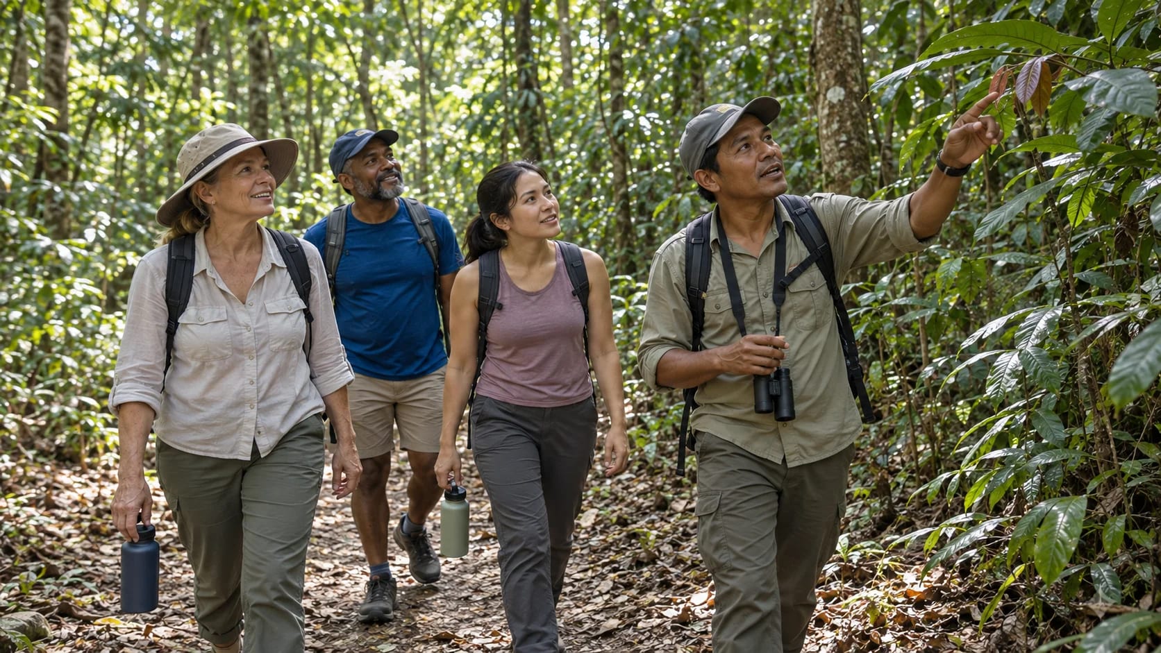 Un guía muestra plantas del bosque a tres visitantes en un sendero sombreado