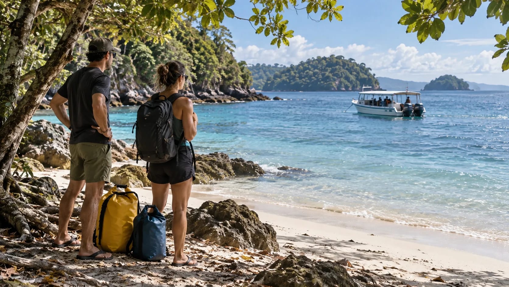 Dos viajeros junto a sus bolsos miran una lancha frente a una cala arbolada