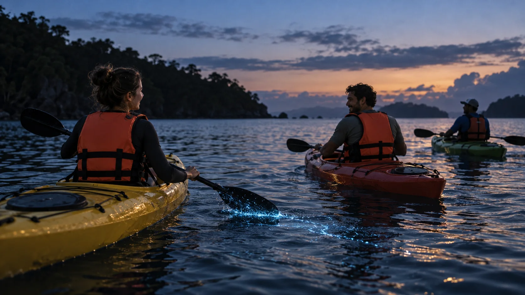 Kayakers in life jackets watch a faint blue shimmer beside a paddle at dusk