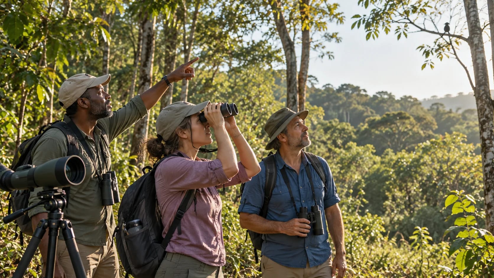 A guide and two visitors look for birds with binoculars and a spotting scope