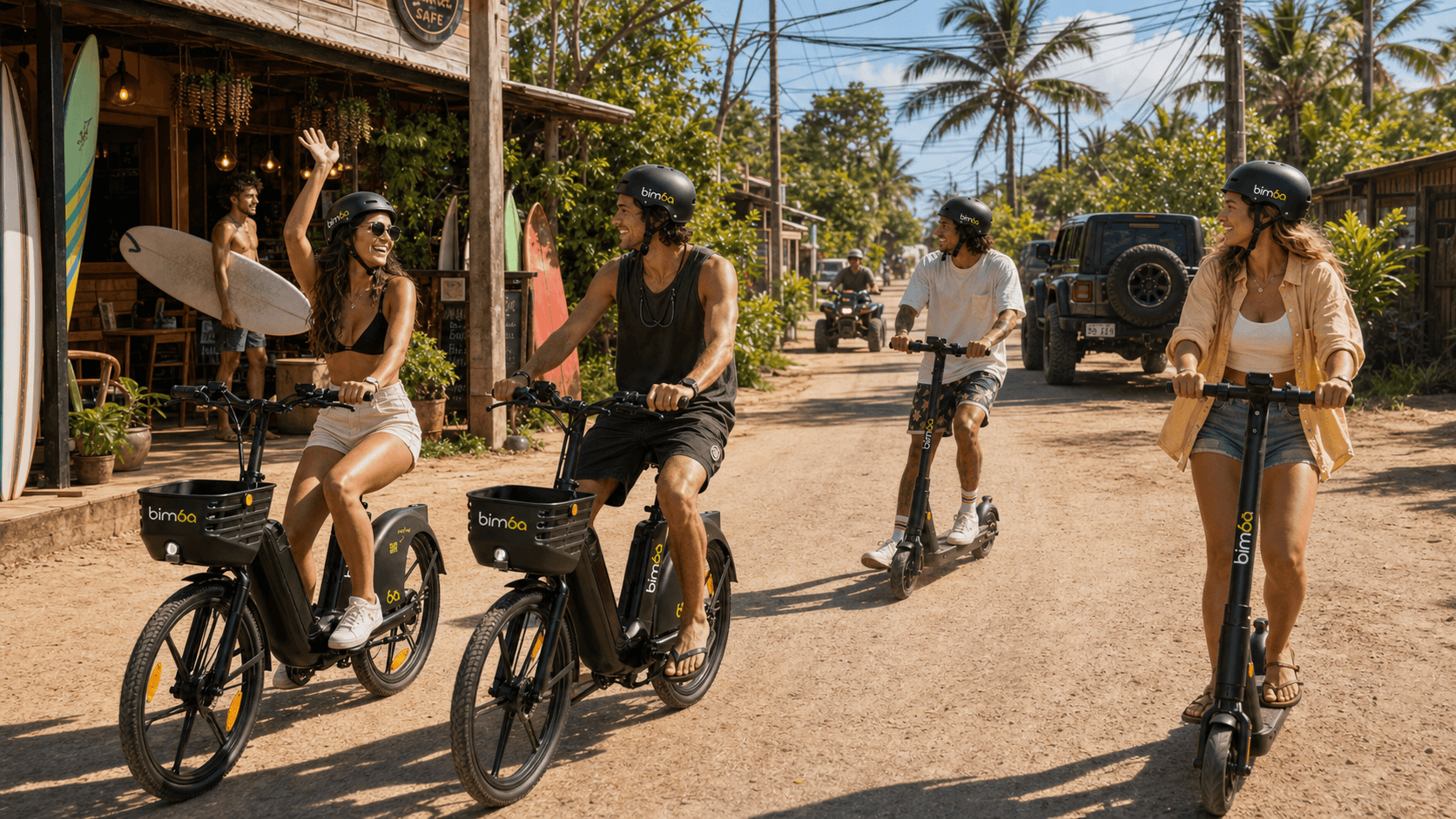 Happy Bimba riders on two electric bikes and two scooters on a sunny Santa Teresa road beside a surf cafe