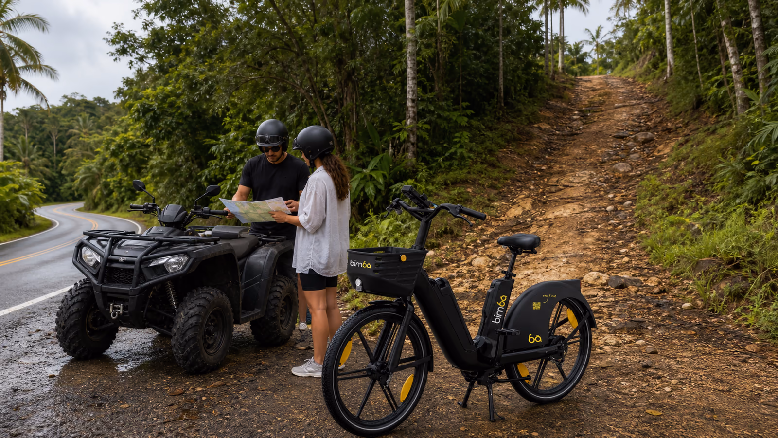 Helmeted travelers comparing an ATV and a branded Bimba electric bike near a rough side road