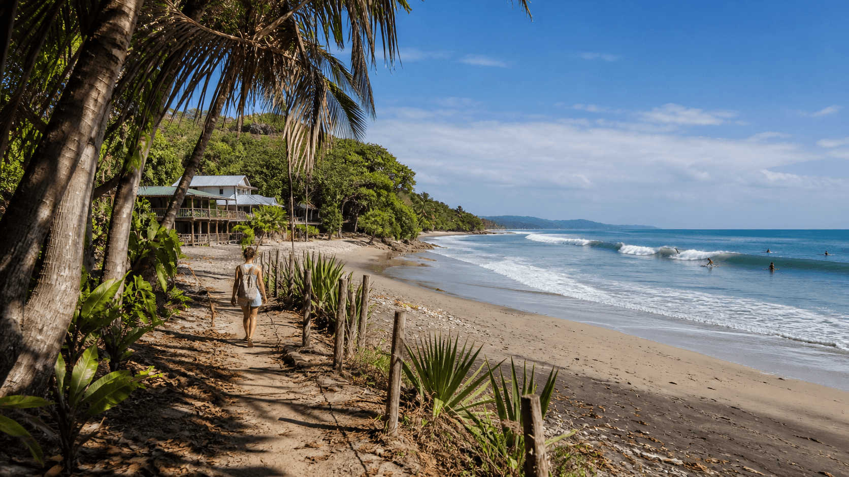 Palm-lined Santa Teresa beach with surfers and a sandy coastal path