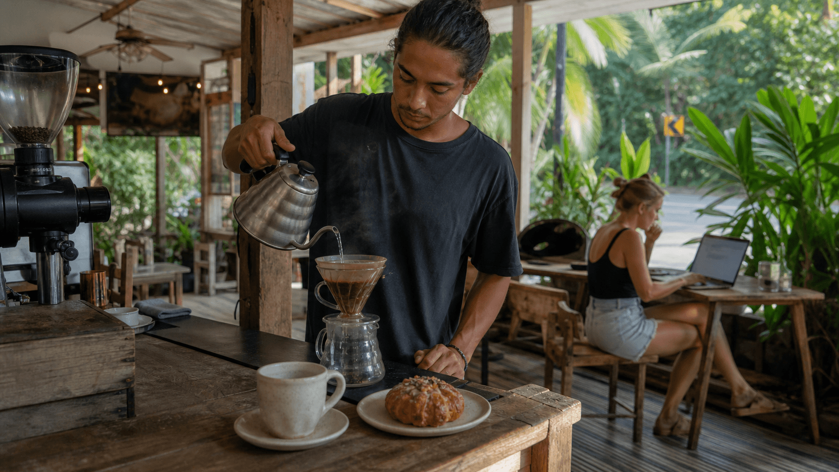 Barista preparing pour-over coffee at an open-air Santa Teresa café