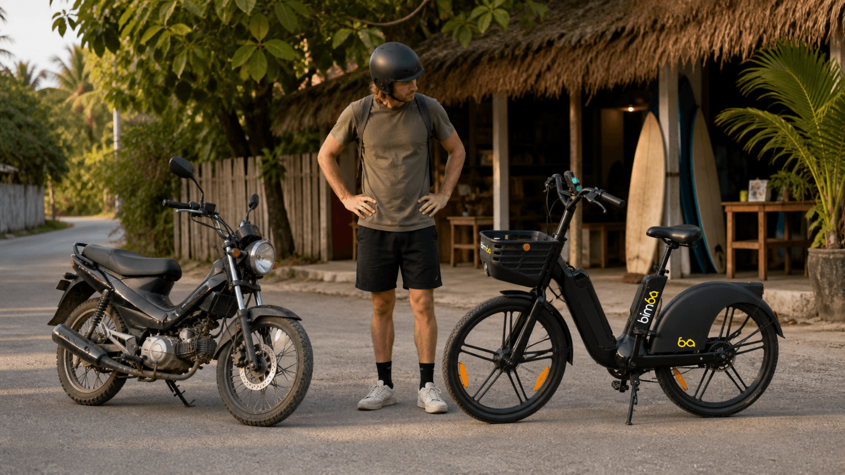 Traveler comparing a rental motorcycle with a branded Bimba electric bike