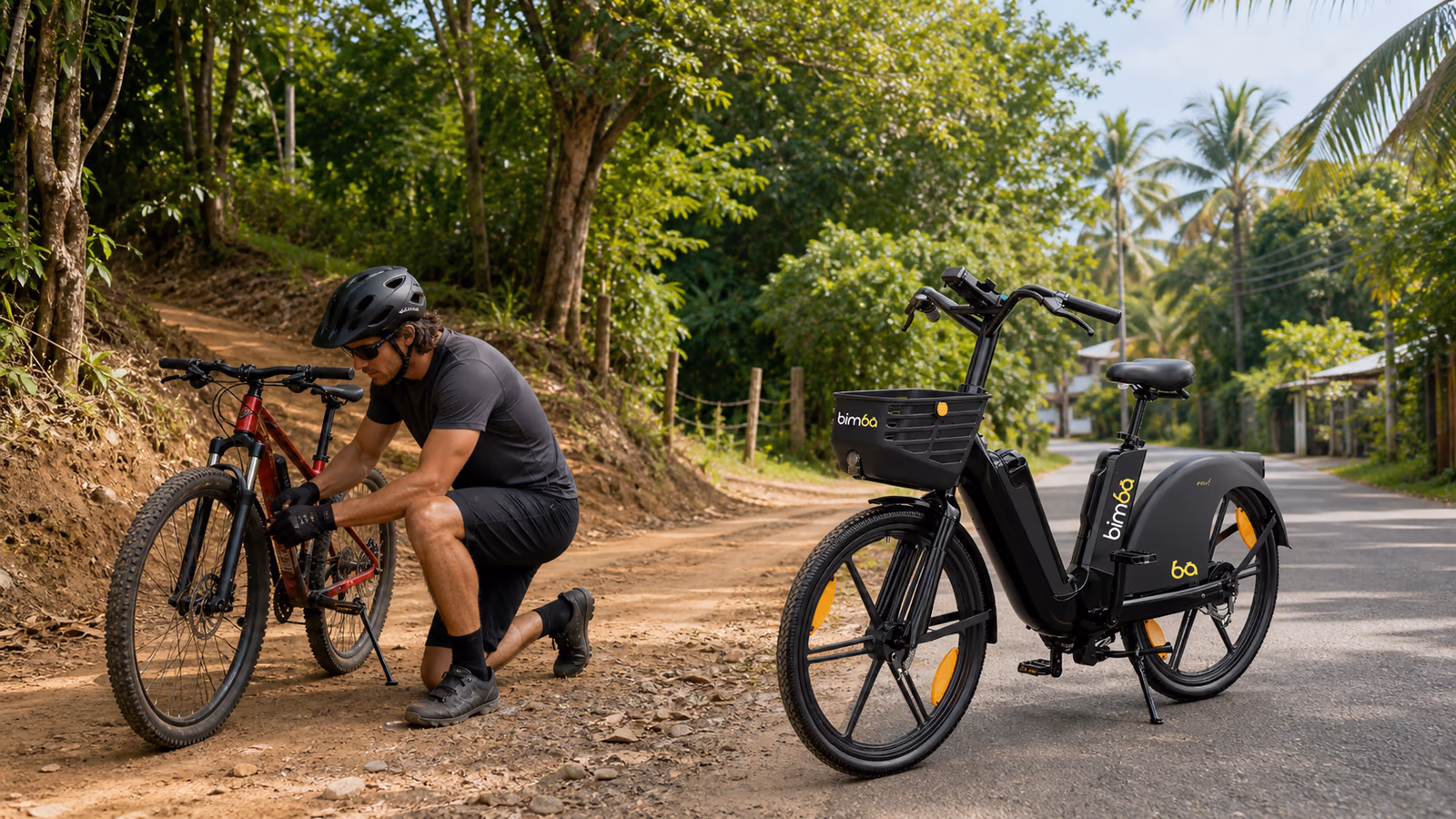 Mountain bike prepared for a dirt trail beside a Bimba electric bike in Santa Teresa