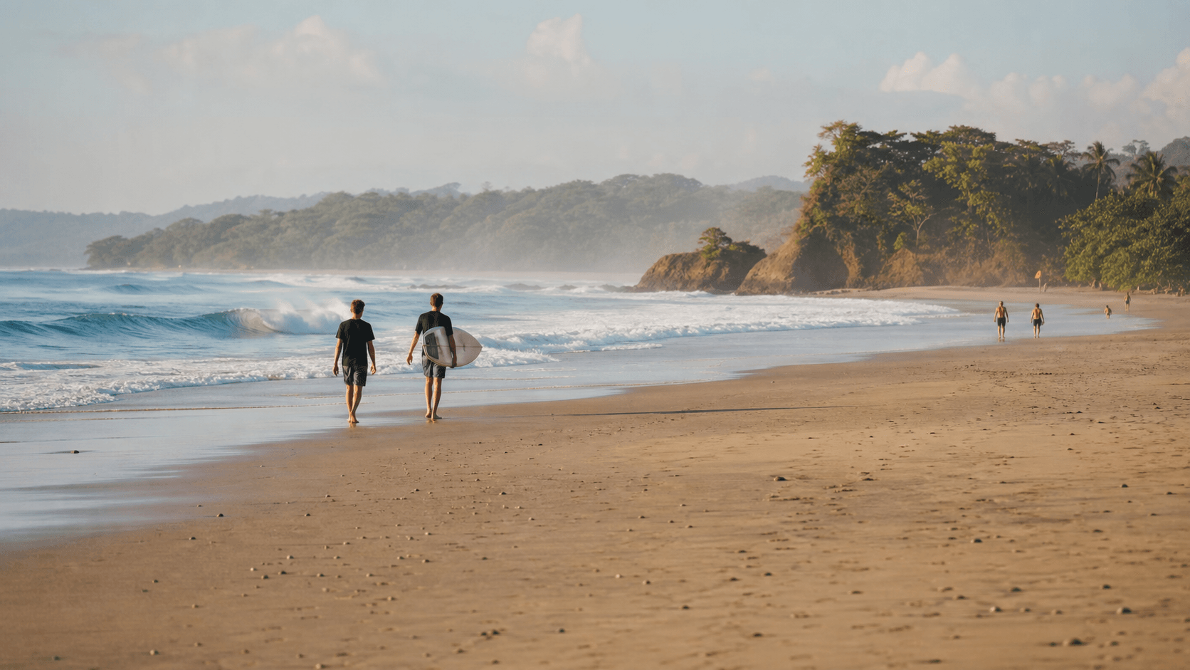 Surfers walking along Playa Santa Teresa at low tide in Costa Rica