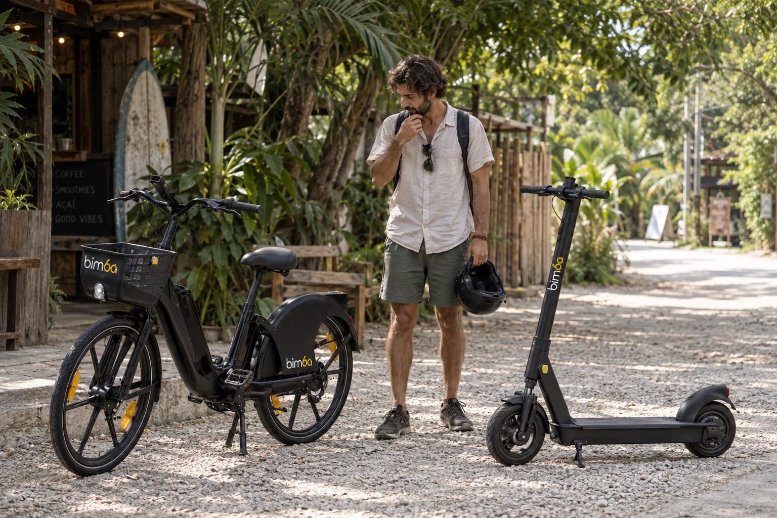 Bimba electric bicycle and standing scooter parked beside a traveler