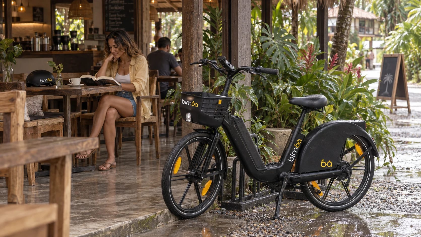 Traveler reading in a covered cafe beside a parked bicycle