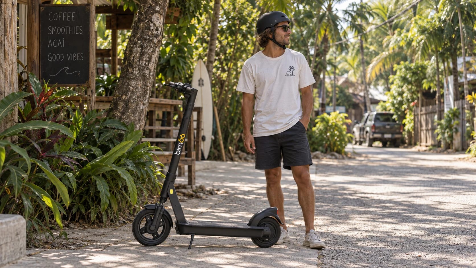 Bimba standing electric scooter beside an adult traveler