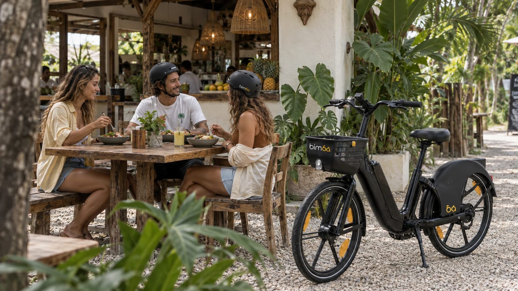 Comida al aire libre junto a una bicicleta Bimba estacionada