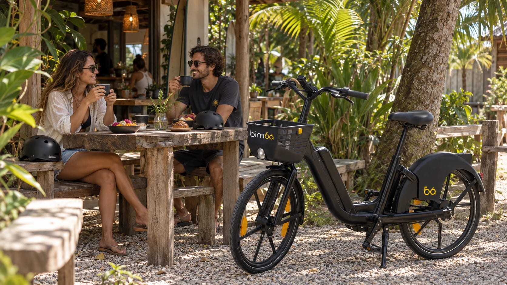 Desayuno y café junto a una bicicleta Bimba estacionada