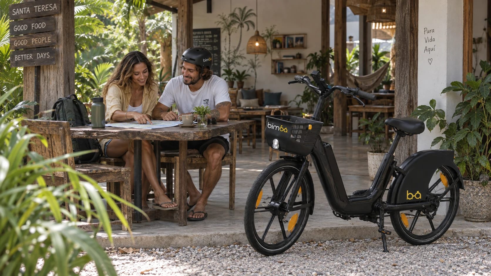 Viajeros organizando una excursión con una bicicleta estacionada cerca