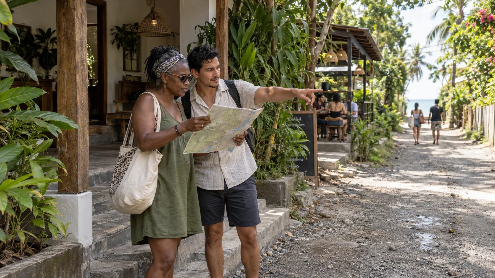 Travelers planning a walkable route from a guesthouse; illustrative scene