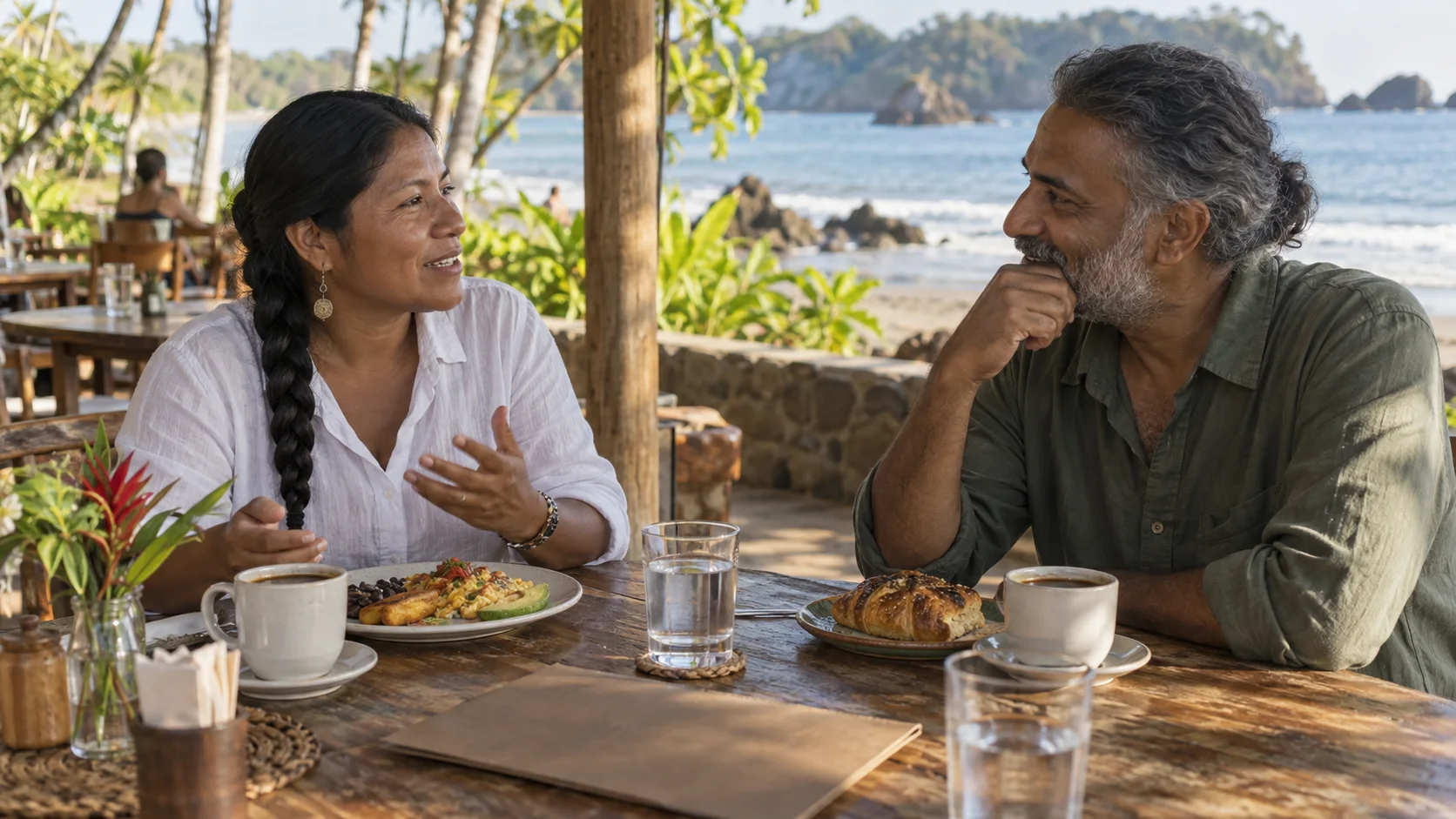 Travelers at an illustrative tropical cafe breakfast table; not a depiction of Gula
