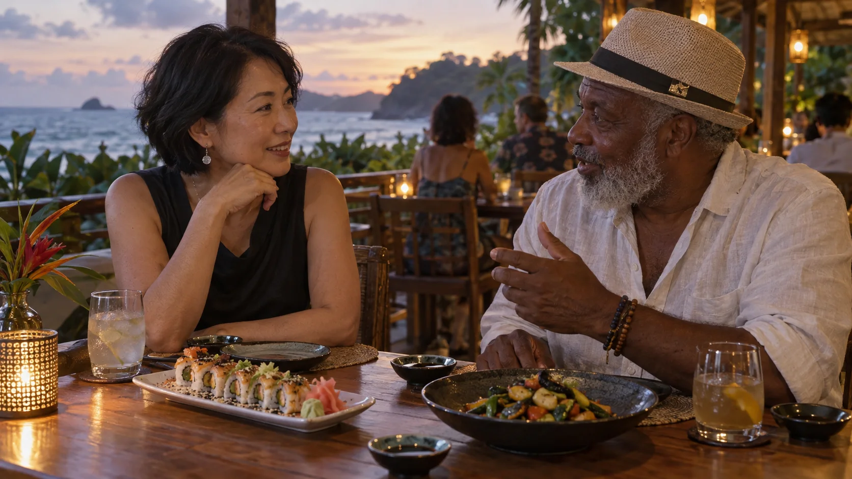 Cena japonesa fusión en un restaurante costero ilustrativo; no representa Satori