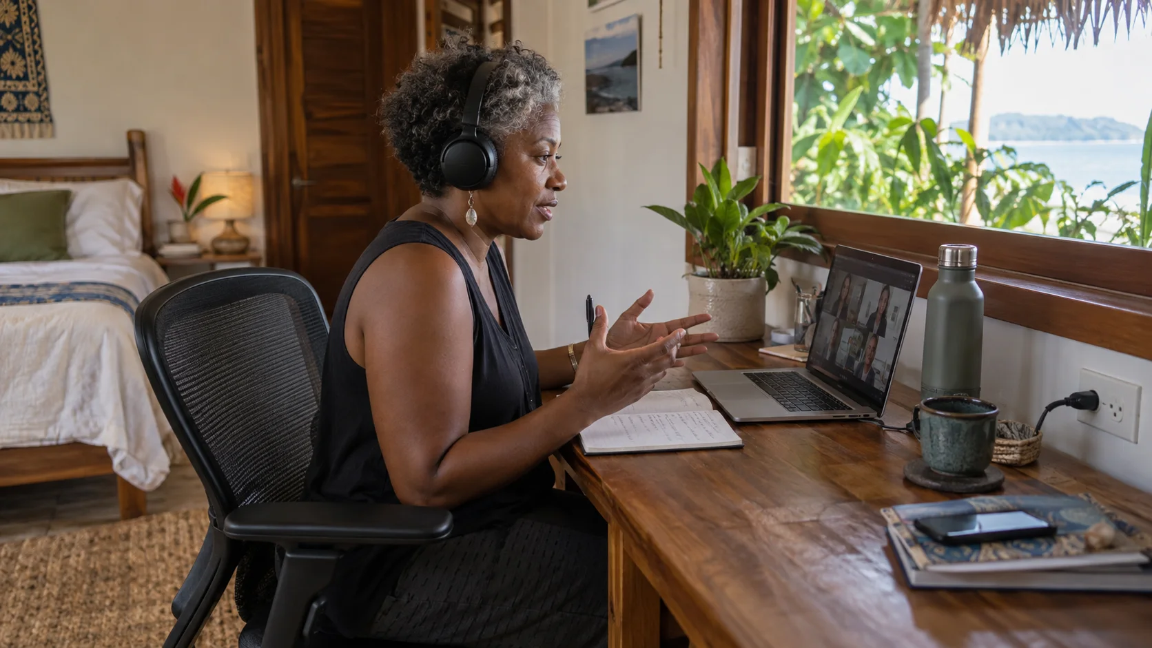 Remote worker using a practical desk for a video call in an illustrative coastal rental