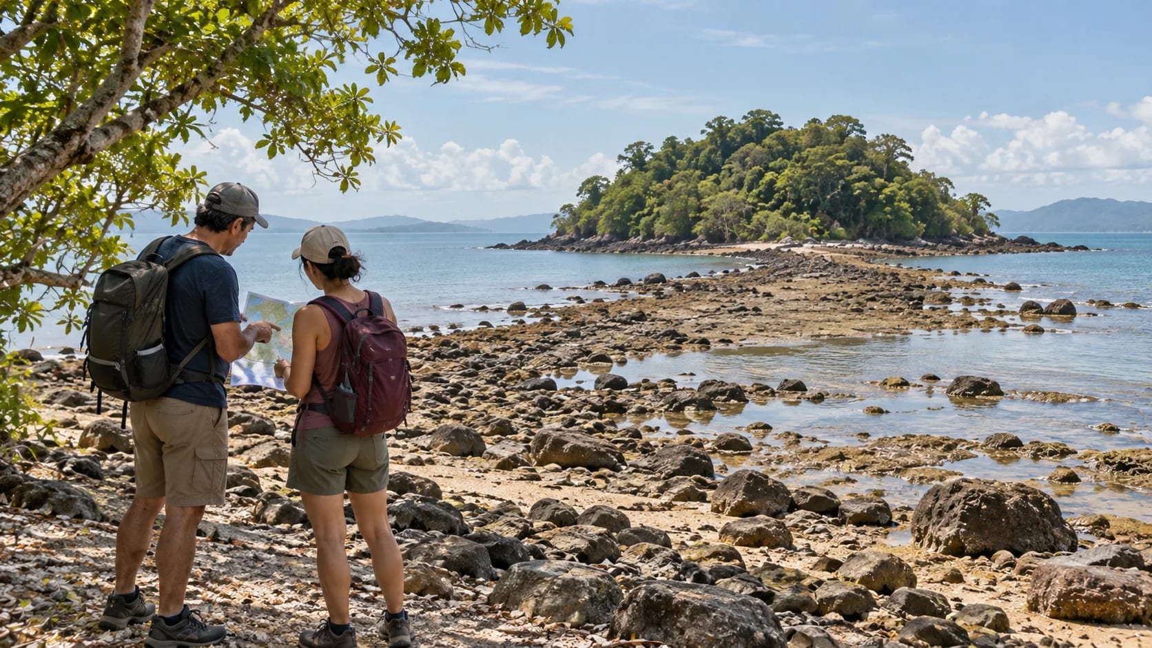 Two visitors study a map beside a rocky tidal passage leading toward a wooded island