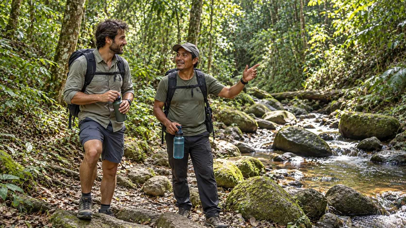 Dos caminantes descansan con botellas de agua junto a una quebrada del bosque