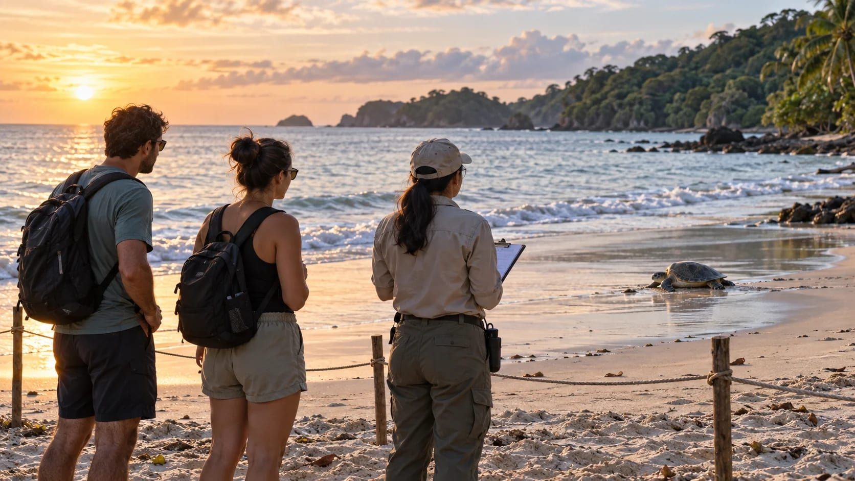 Visitors stand behind a rope boundary watching a sea turtle from a distance