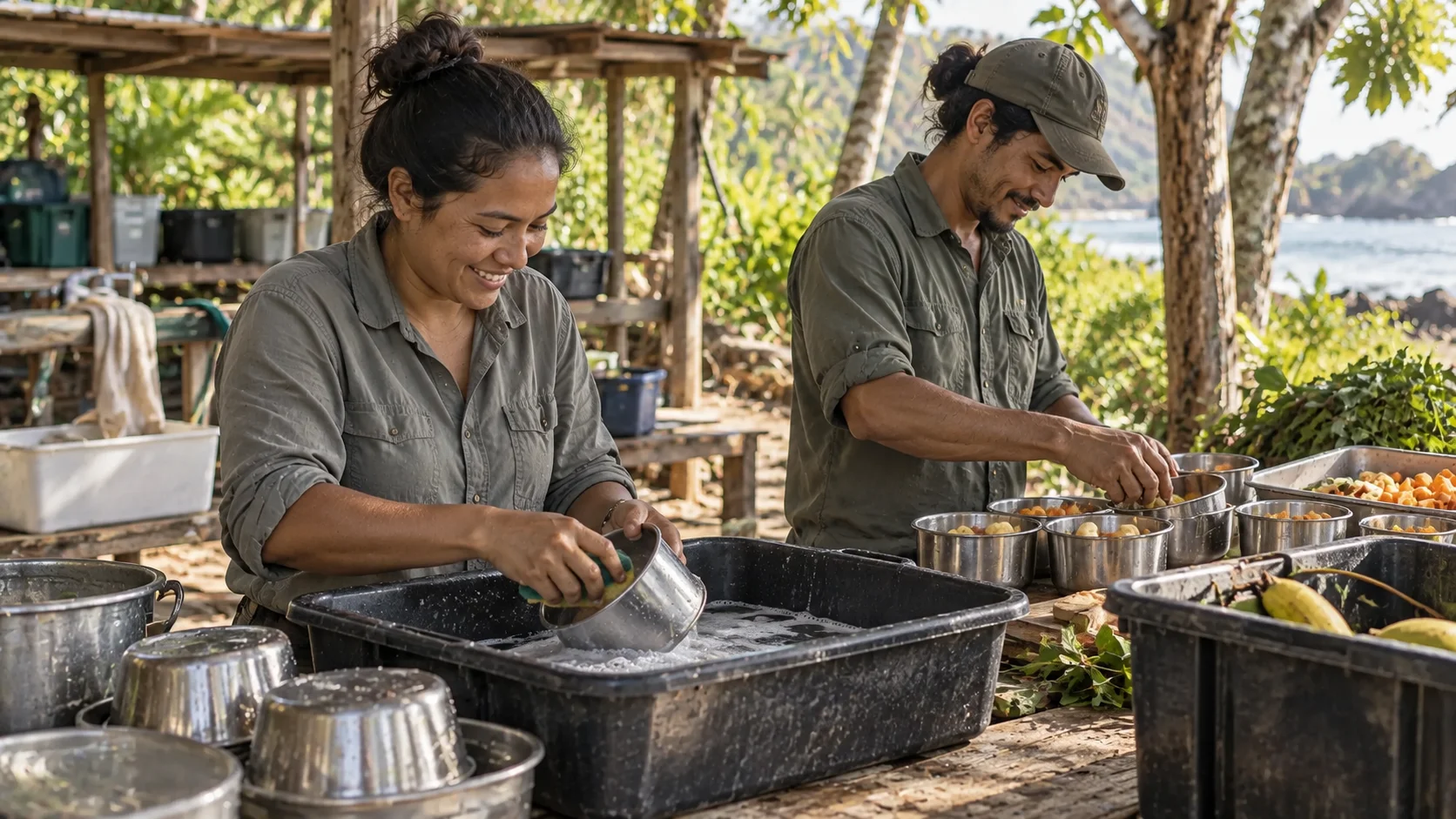 Two workers wash feeding bowls and prepare supplies at an outdoor care station