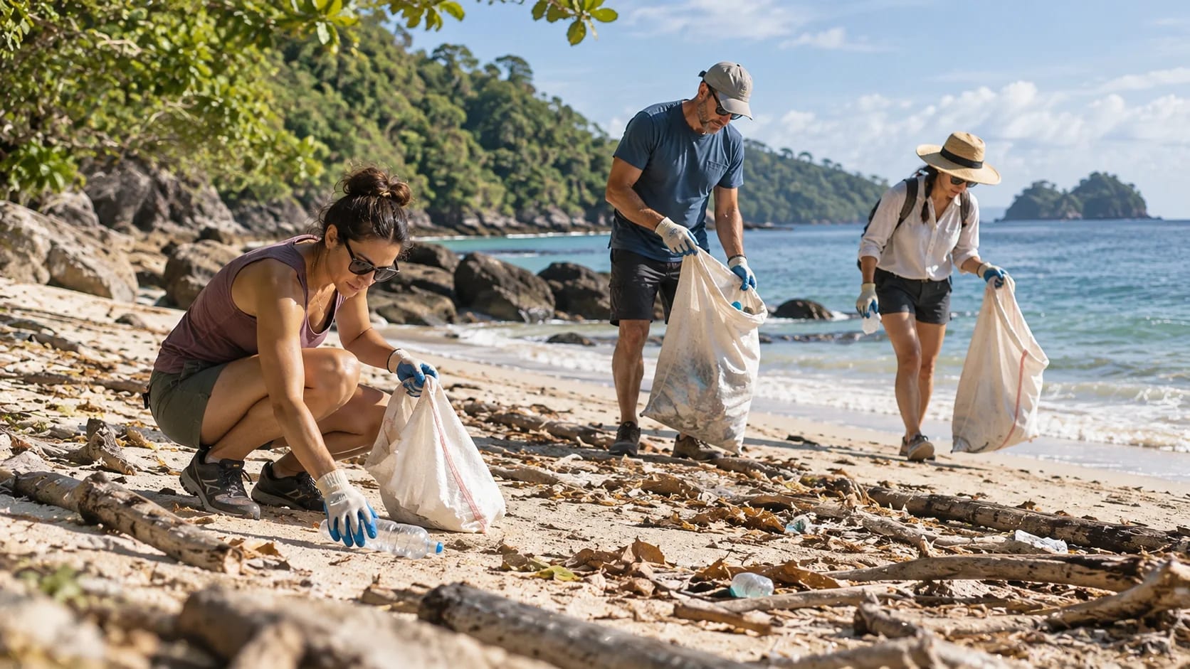 Three adults wearing gloves collect litter on a tropical beach