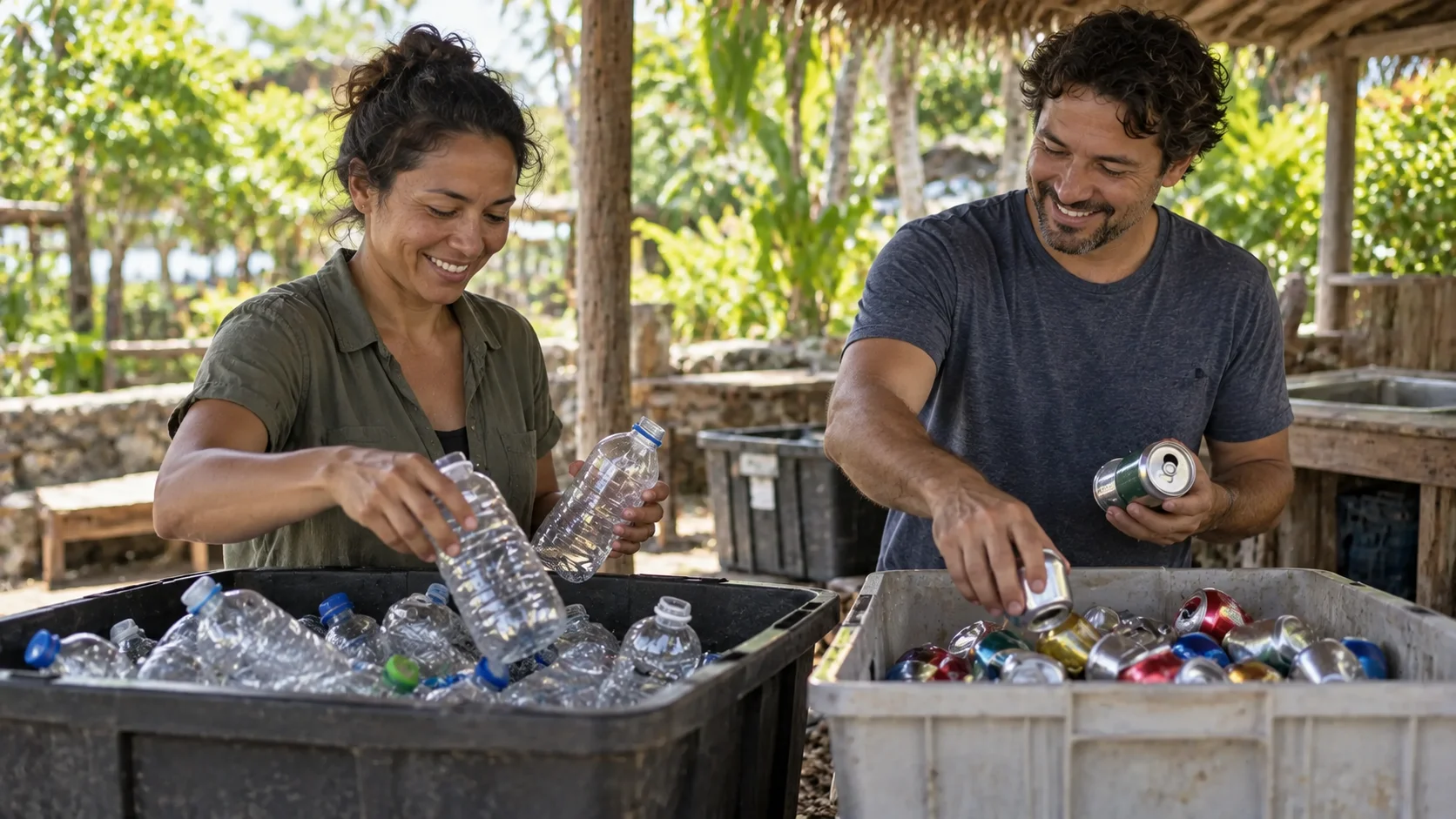Dos personas separan botellas de plástico y latas en recipientes de recolección