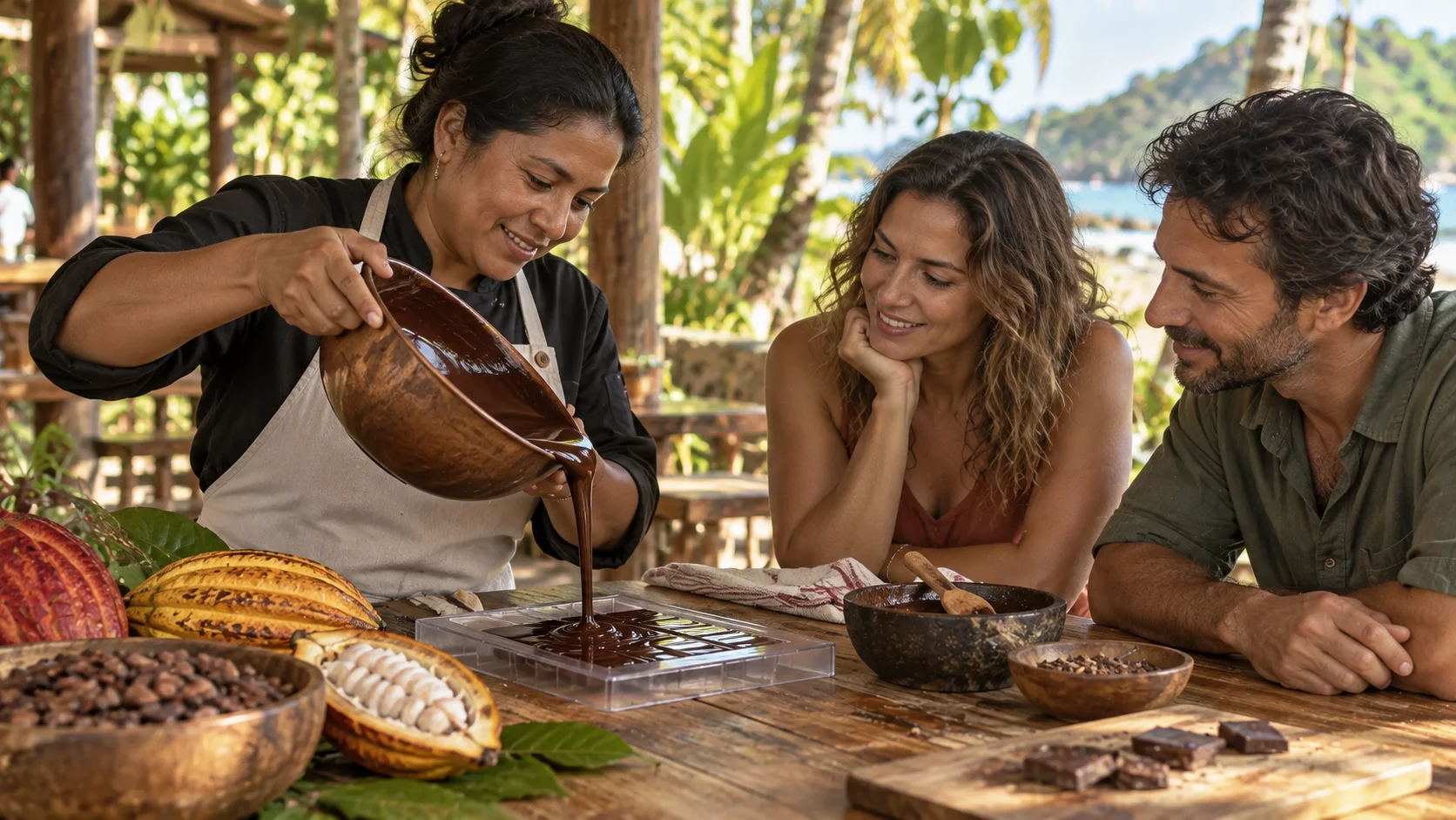Una instructora vierte chocolate en un molde mientras dos visitantes observan