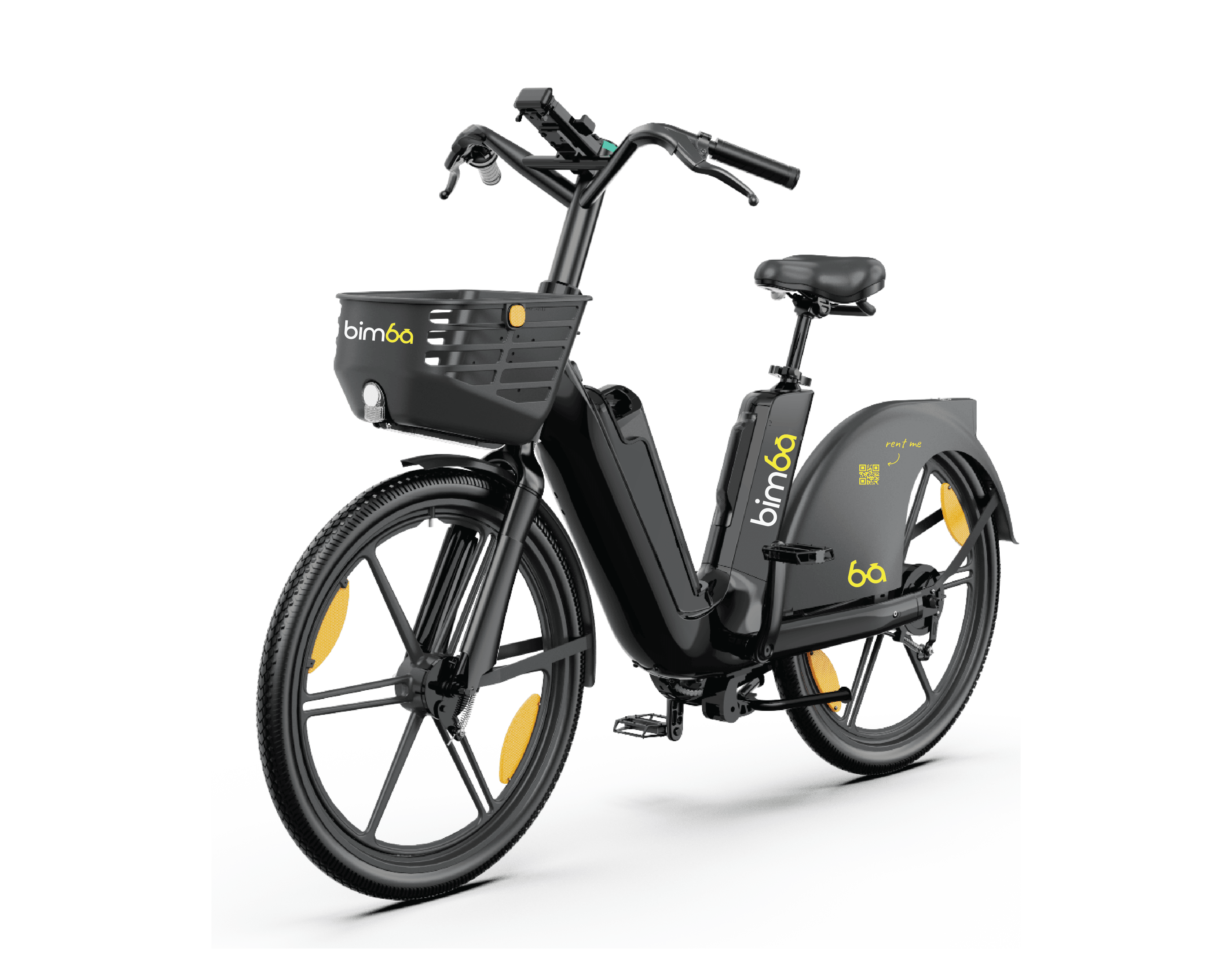 Official black Bimba shared electric bike with integrated basket and QR code