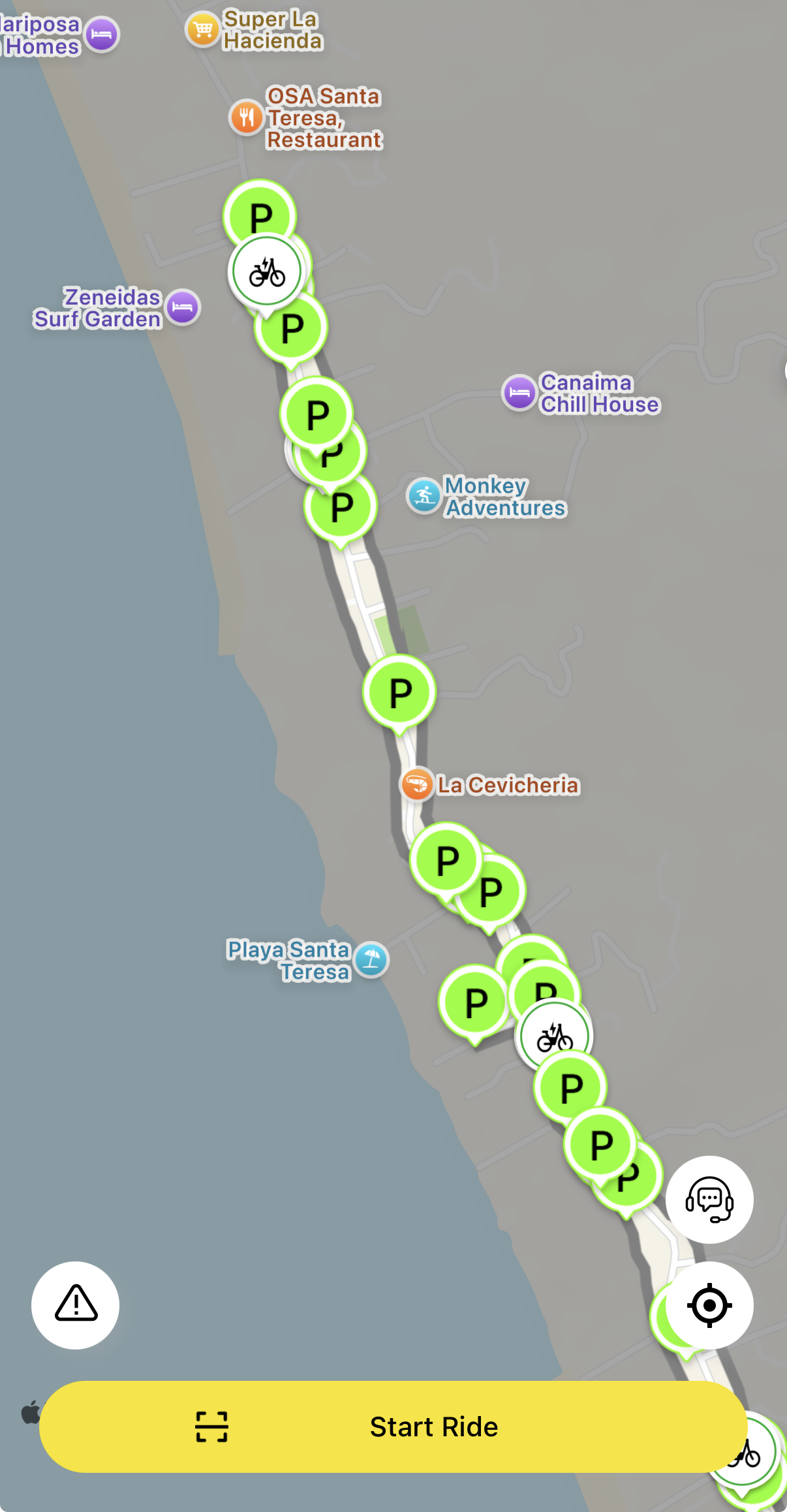 Mapa real de Bimba con vehículos y estacionamientos en Santa Teresa