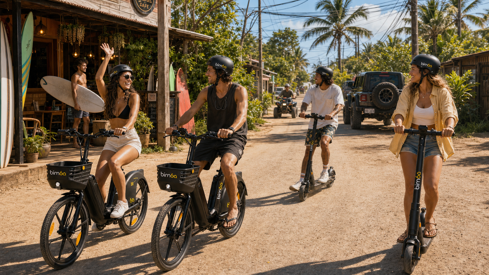Personas viajando en bicicletas eléctricas y scooters Bimba por Santa Teresa