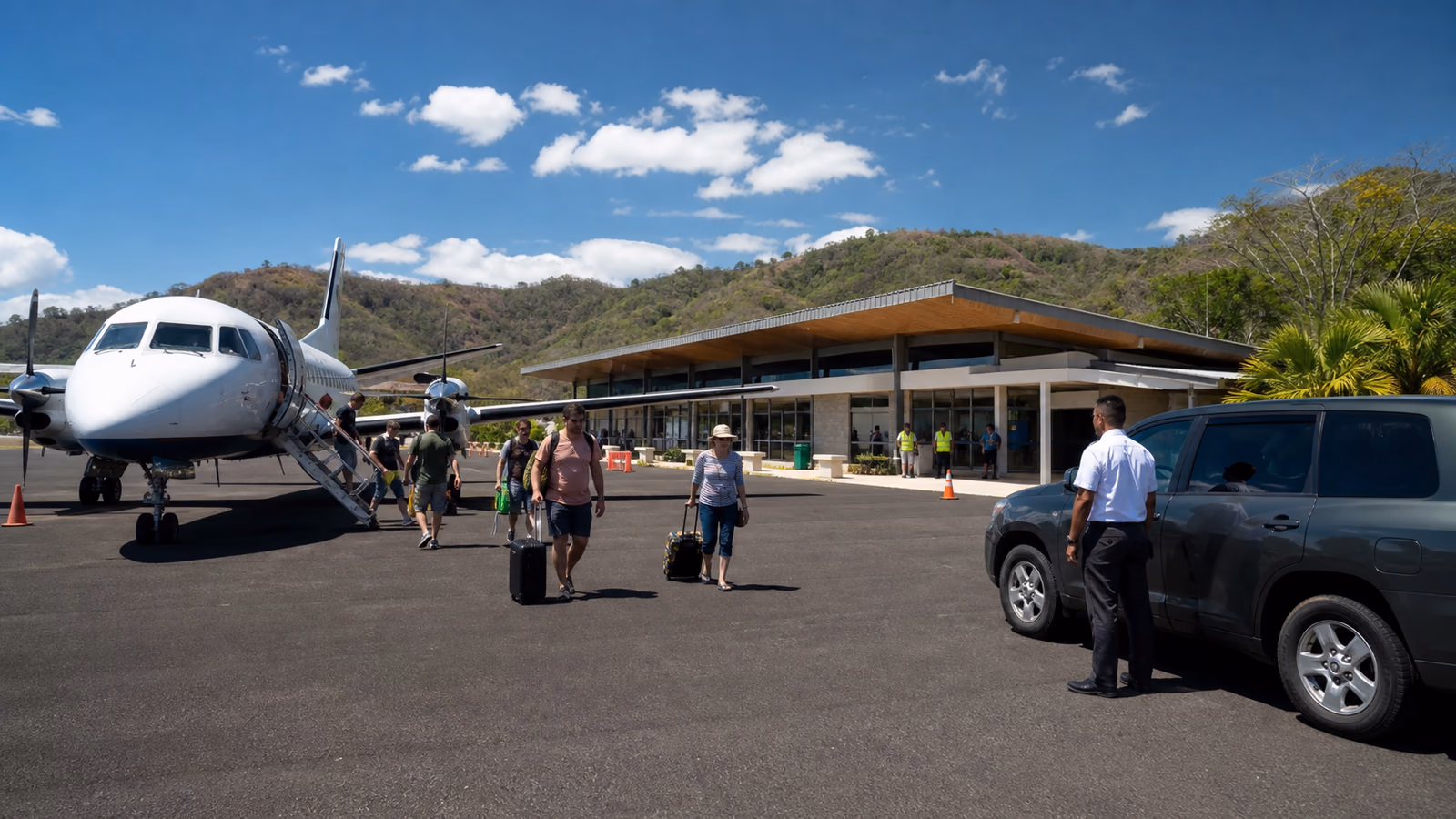 Travelers arriving from a small domestic turboprop and meeting a pre-arranged transfer at a tropical regional airport