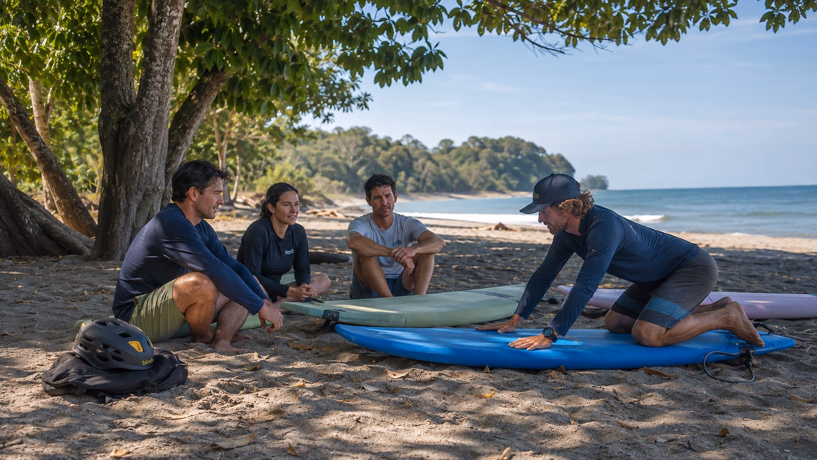 Surf instructor giving adult beginners a safety briefing on Playa Carmen