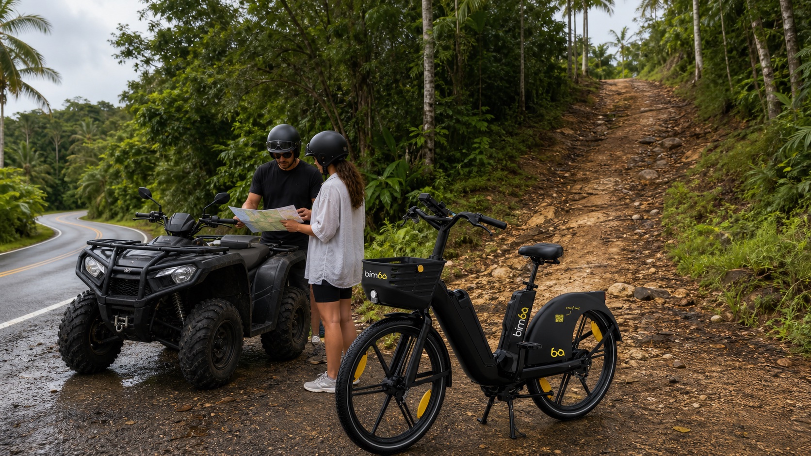 Viajeros con casco comparando un ATV y una bicicleta eléctrica Bimba cerca de un camino irregular