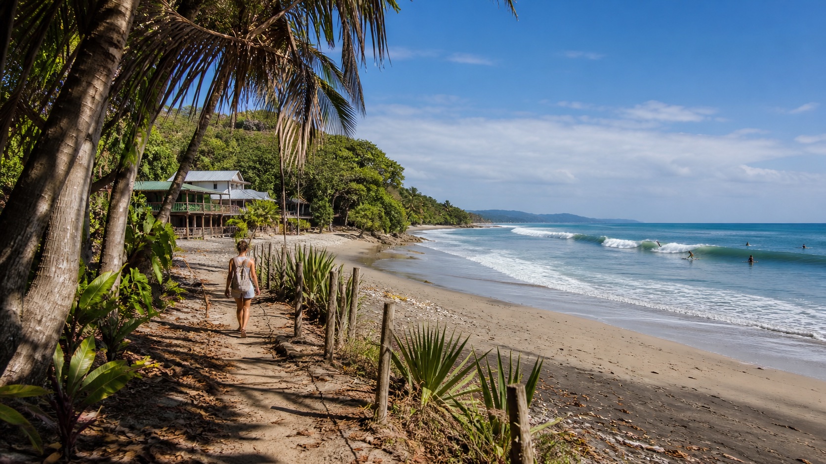 Playa de Santa Teresa con palmeras, surfistas y sendero costero de arena