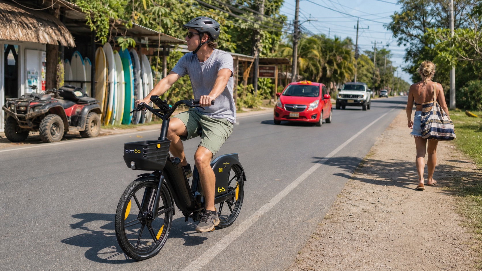 Persona con casco viajando en bicicleta eléctrica Bimba por Santa Teresa