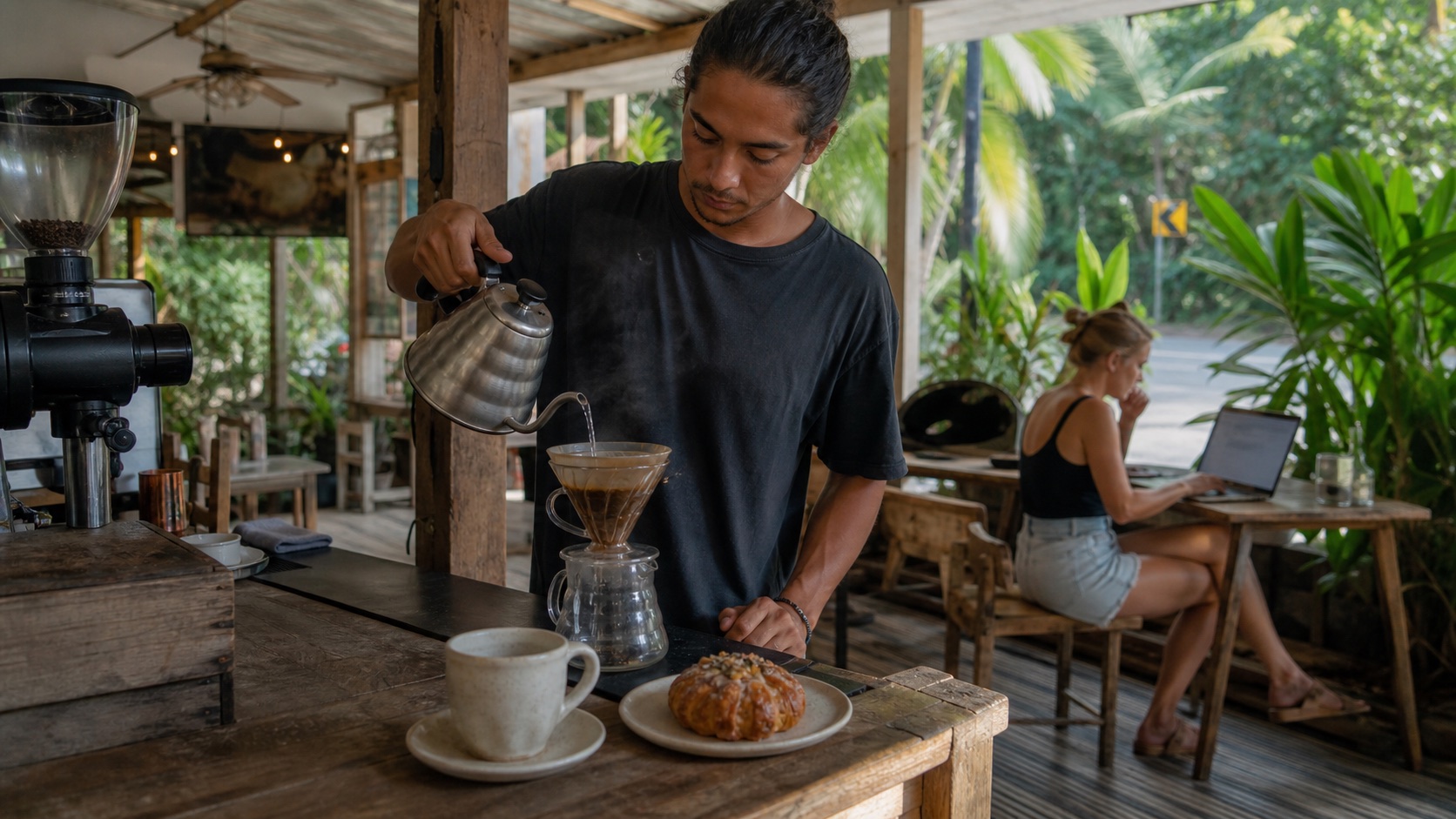 Barista preparando café filtrado en una cafetería abierta de Santa Teresa