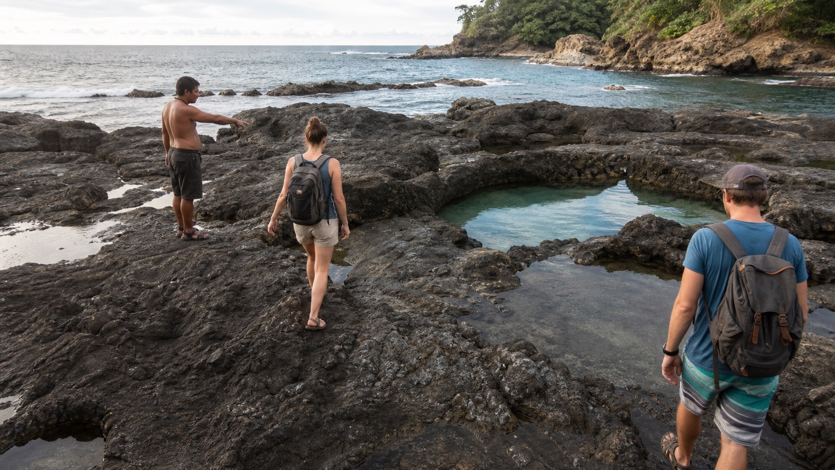 Viajeros acercándose a pozas naturales sobre la costa rocosa de Mal País