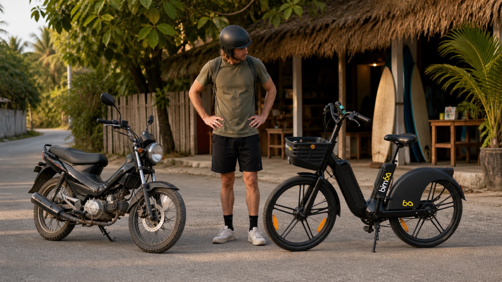 Viajero comparando una motocicleta de alquiler con una bicicleta eléctrica Bimba
