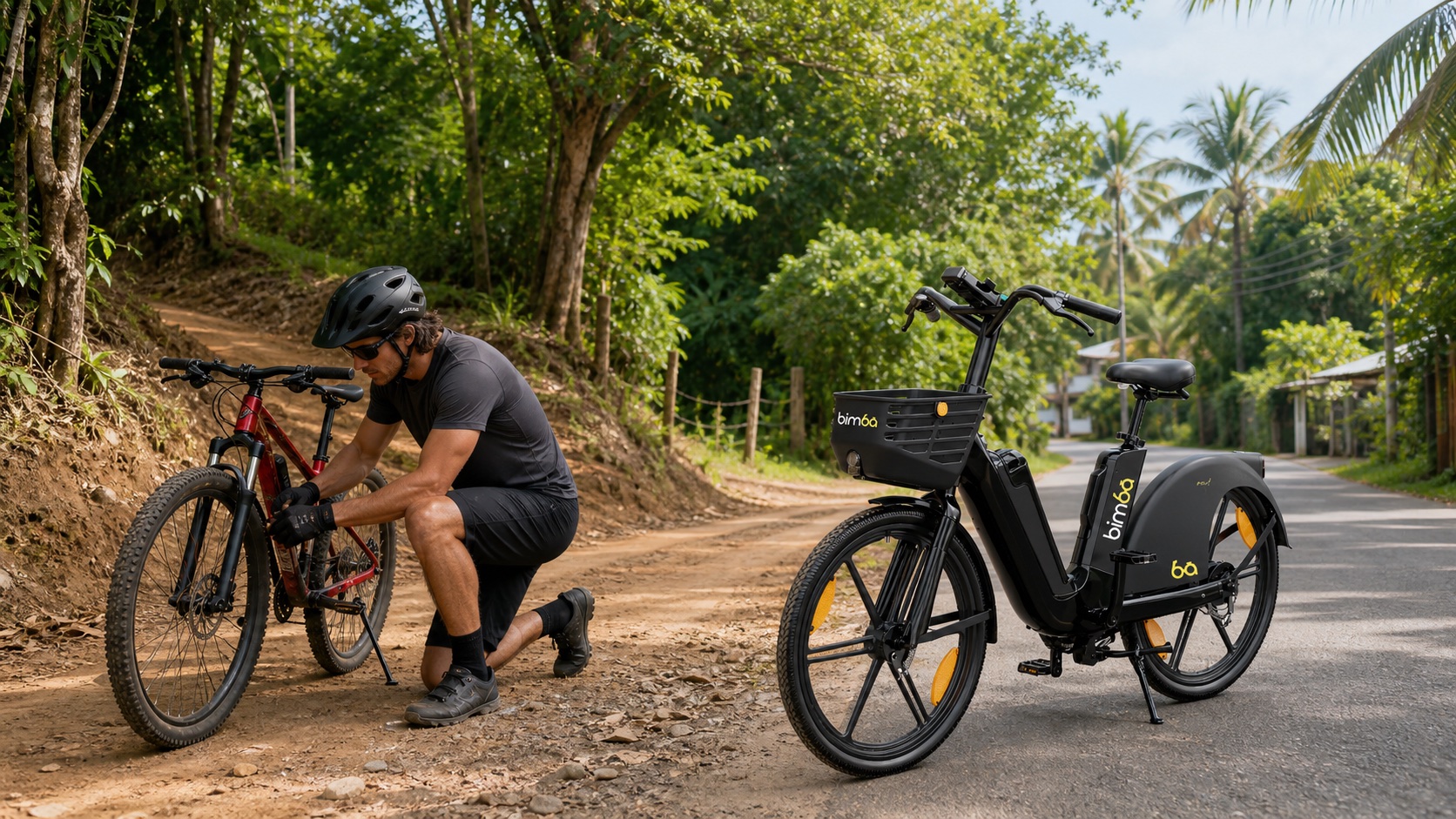 Bicicleta de montaña preparada junto a una bicicleta eléctrica Bimba en Santa Teresa