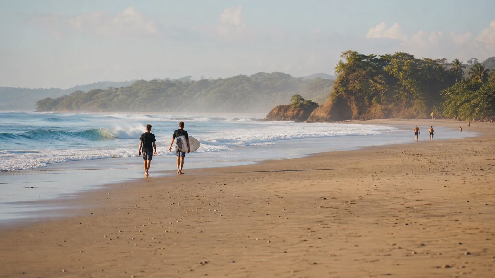 Surfistas caminando por Playa Santa Teresa durante la marea baja